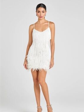 White Fringe Feather Mini Dress